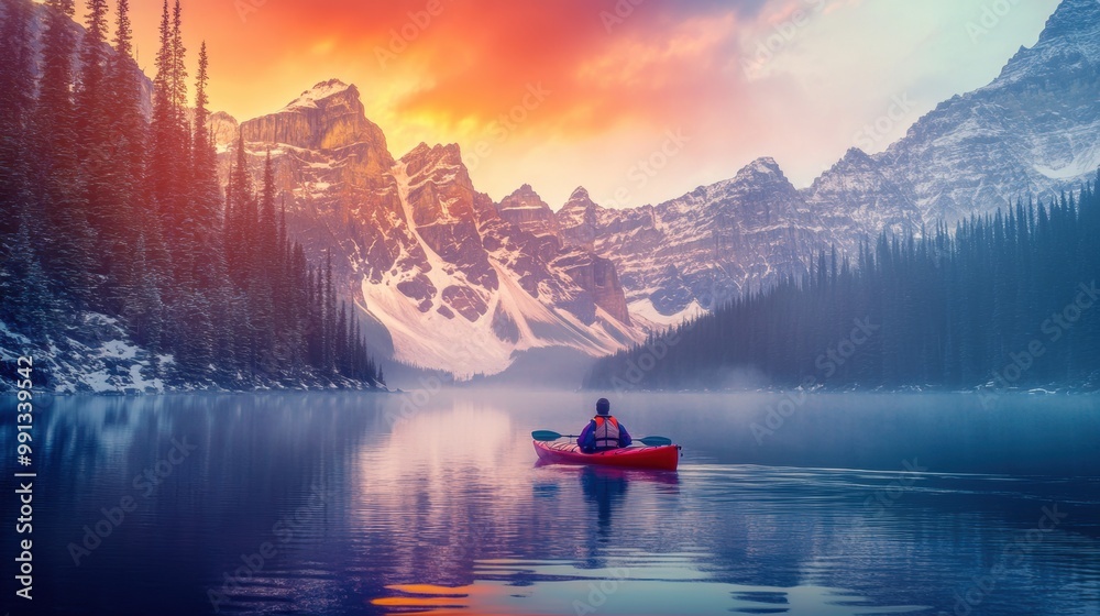 A person kayaking in lake water in winter with snow mountain at sunrise A person kayaking in lake water in winter with snow mountain at sunrise