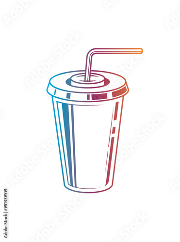 Fast food plastic cup with straw. Hot or cold drink. Original vector illustration in vintage style.