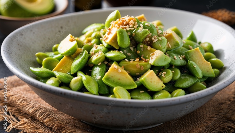 Edamame avocado salad with sesame oil closeup Edamame avocado salad with sesame oil closeup