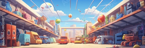 Wallpaper Mural Vibrant animation of a bustling toy market under a clear, sunny sky. Torontodigital.ca