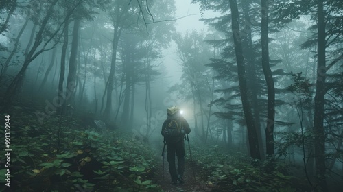 Hiker in a Foggy Forest