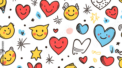 Cheerful and playful doodles of smiling faces, hearts, and stars on a white background