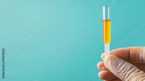 A hand in a glove holds a test tube with yellow liquid against a blue background.