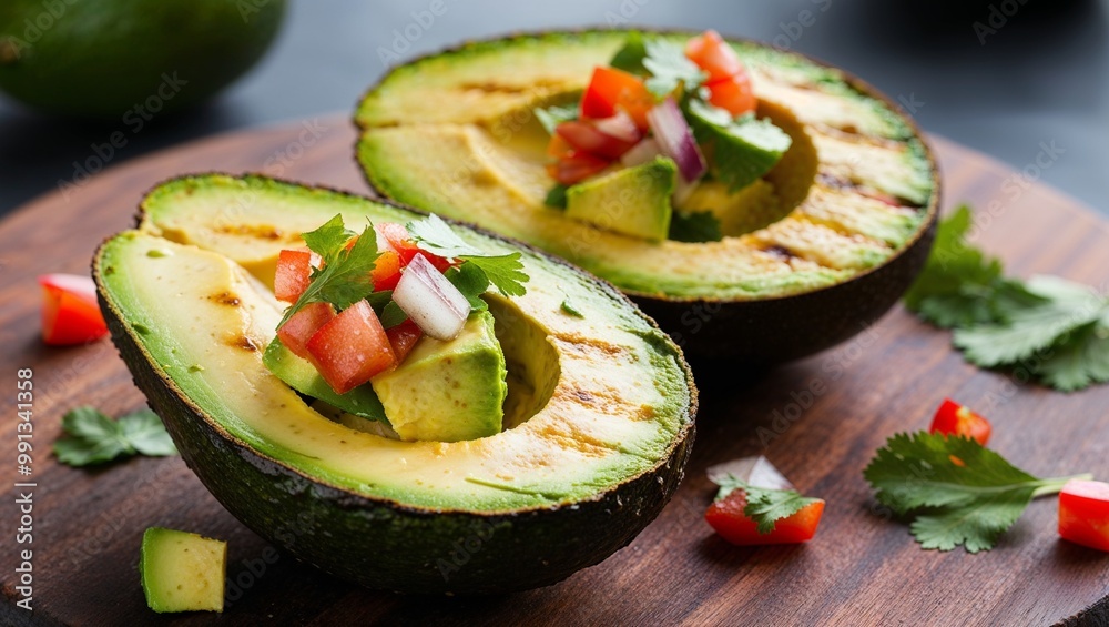 Grilled avocado halves with pico de gallo closeup Grilled avocado halves with pico de gallo closeup