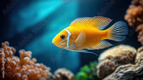 Fish swimming in a vibrant aquarium, with colorful corals and decorations inside a living room fish tank, aquatic pets at home