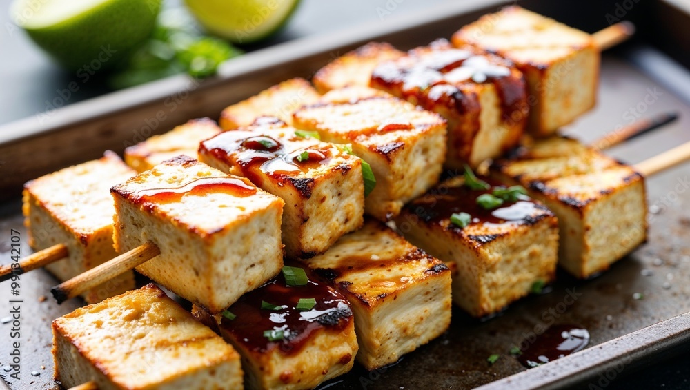 Grilled tofu skewers with miso glaze closeup Grilled tofu skewers with miso glaze closeup