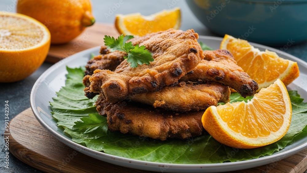 Haitian griot fried pork marinated in citrus closeup Haitian griot fried pork marinated in citrus closeup