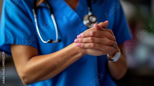 A healthcare professional in blue scrubs prepares for patient care, showcasing attention to detail.