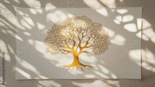 A hand-drawn tree of life with gold highlights, honeycomb background, ink on white paper, minimalistic and softly lit by natural daylight, centered in the frame.