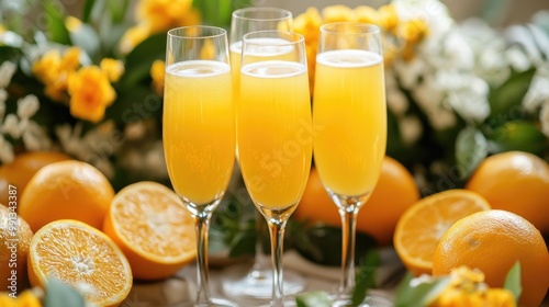 A brunch table with mimosas in champagne flutes, with space at the top of the frame for text or branding, surrounded by oranges and flowers.