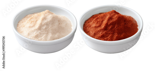 Two distinct bowls hold arranged colored powders