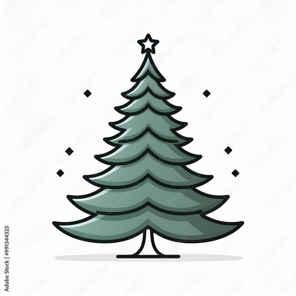 Minimalist Christmas Tree Icon with Star Topper in Green Tones, Outlined in White and Black on a Subtle Gradient Background. Perfect for Holiday Cards, Digital Designs, and Festive Graphics