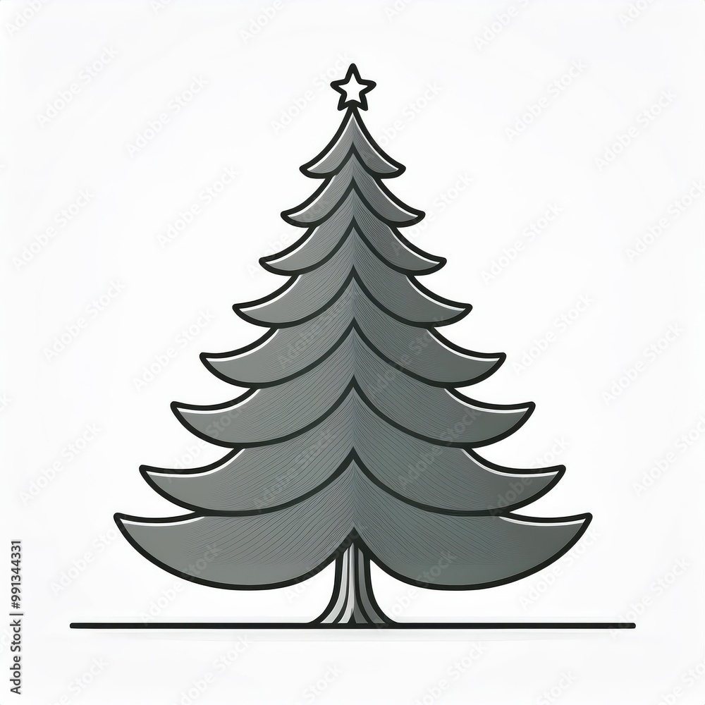 Obraz premium Minimalist Christmas Tree Icon with Star Topper in Green Tones, Outlined in White and Black on a Subtle Gradient Background. Perfect for Holiday Cards, Digital Designs, and Festive Graphics