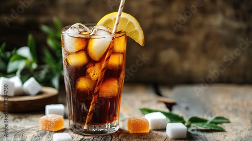 A chilled glass of iced sweet tea with ice cubes, topped with a lemon wedge and a paper straw, sitting on a rustic table with sugar cubes and tea bags nearby. photo