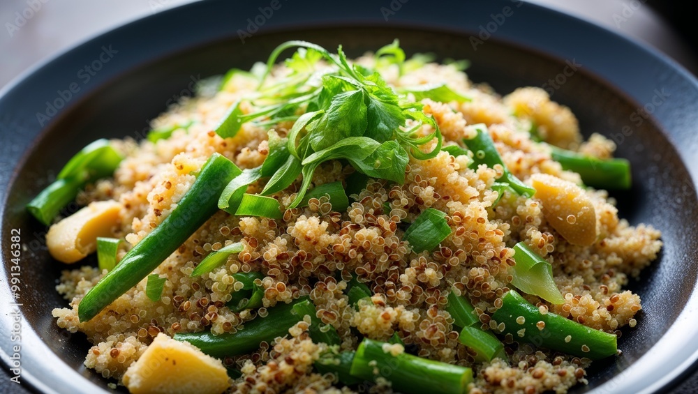Quinoa stir fry with ginger and tamari closeup