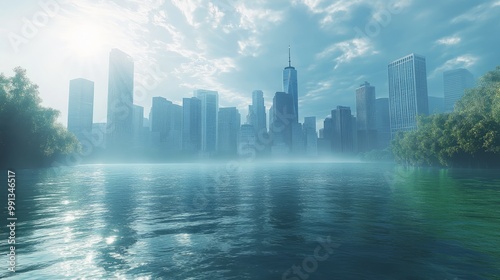 A misty city skyline reflected in calm waters, evoking a serene, urban atmosphere.