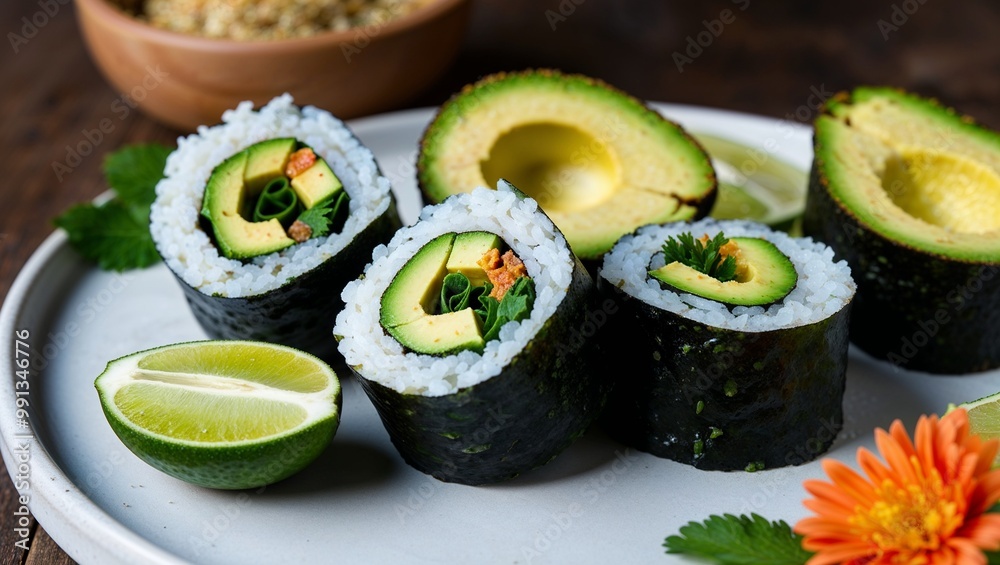 Raw vegan sushi rolls with avocado closeup Raw vegan sushi rolls with avocado closeup
