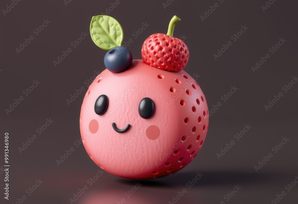 Cute cartoon pink strawberry with a blueberry and leaf on top, smiling against a brown background. Cute cartoon pink strawberry with a blueberry and leaf on top, smiling against a brown background.