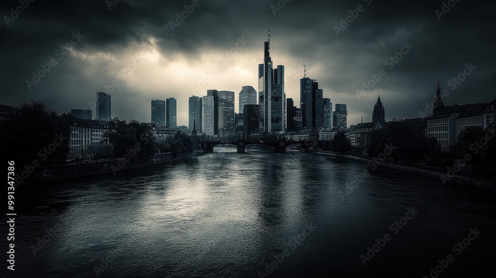 Obraz premium Cityscape with Stormy Clouds Over a River