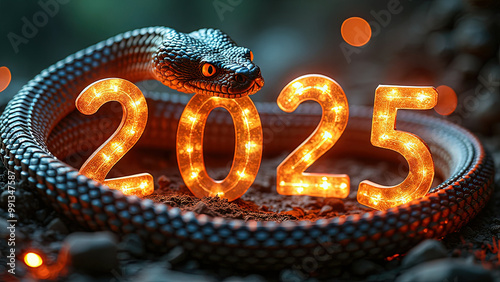 Cinematic scene for 2025 Snake Year, a majestic snake coiled around glowing 2025 numbers