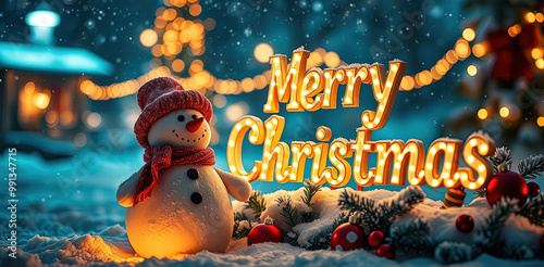 Smiling snowman with text Merry Christmas in background