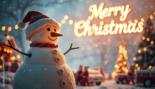 Smiling snowman with text Merry Christmas in background