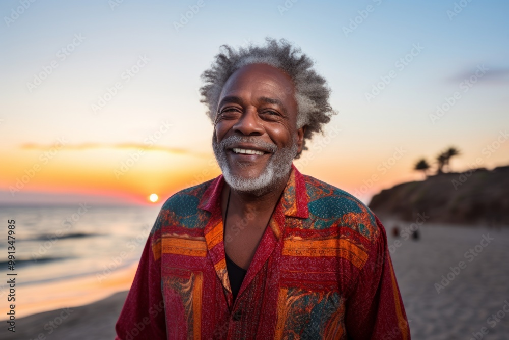 Portrait of a blissful afro-american man in his 70s wearing a chic cardigan on vibrant beach sunset background Portrait of a blissful afro-american man in his 70s wearing a chic cardigan on vibrant beach sunset background