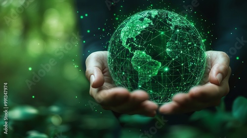 A pair of hands cradles a glowing, green digital globe, symbolizing environmental awareness.