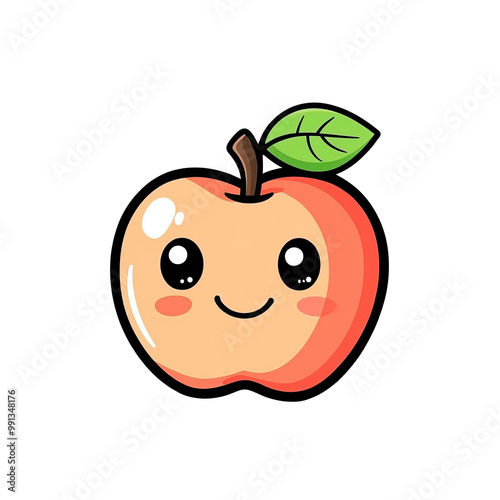 This is a brightly designed peach-colored apple with the happy face of a kawaii cartoon, ideal for playful digital designs and print art, especially for kid's items.