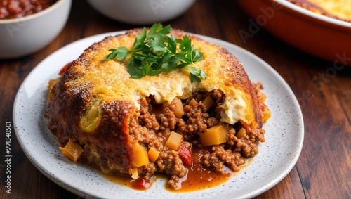 South African bobotie spiced minced meat casserole closeup