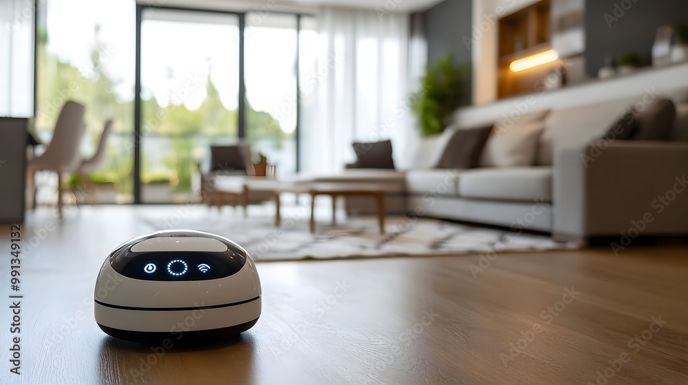 A smart robot assistant helping a person with household tasks in a modern home A smart robot assistant helping a person with household tasks in a modern home