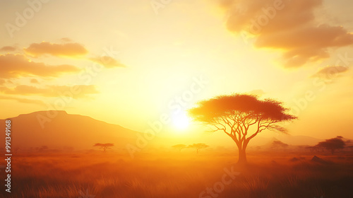 Sunrise breaking over a horizon of African landscapes, symbolizing a new dawn of freedom and hope