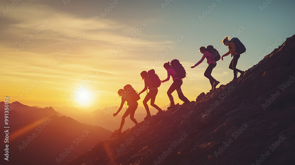 Obraz premium Group of women climbing a steep hill together, helping each other reach the top, with a sunrise in the background