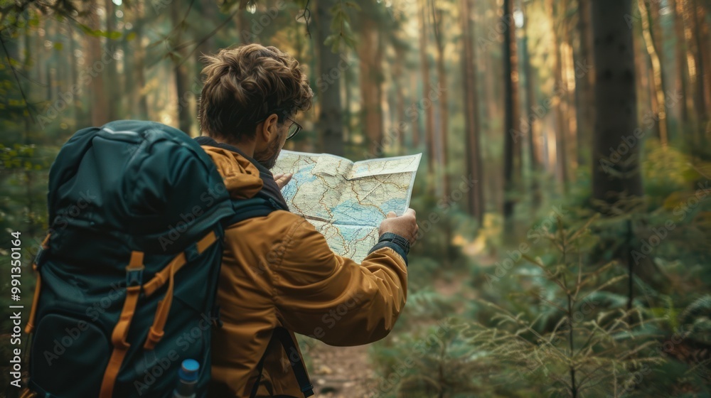Fototapeta premium Hiker Navigating Through Forest