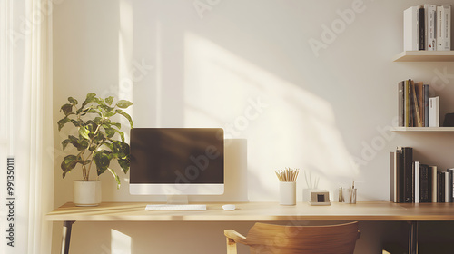 background with a content creator�s minimalist studio, showcasing a clean desk, simple decor, and a peaceful, uncluttered environment photo