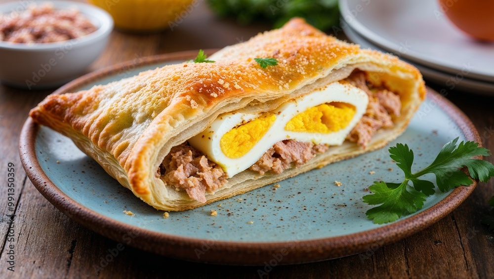 Tunisian brik fried pastry filled with egg and tuna closeup Tunisian brik fried pastry filled with egg and tuna closeup