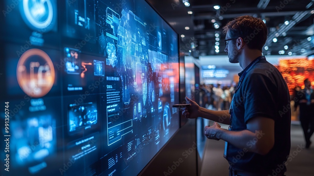 A person interacts with a digital display showcasing data and analytics at a tech event. A person interacts with a digital display showcasing data and analytics at a tech event.