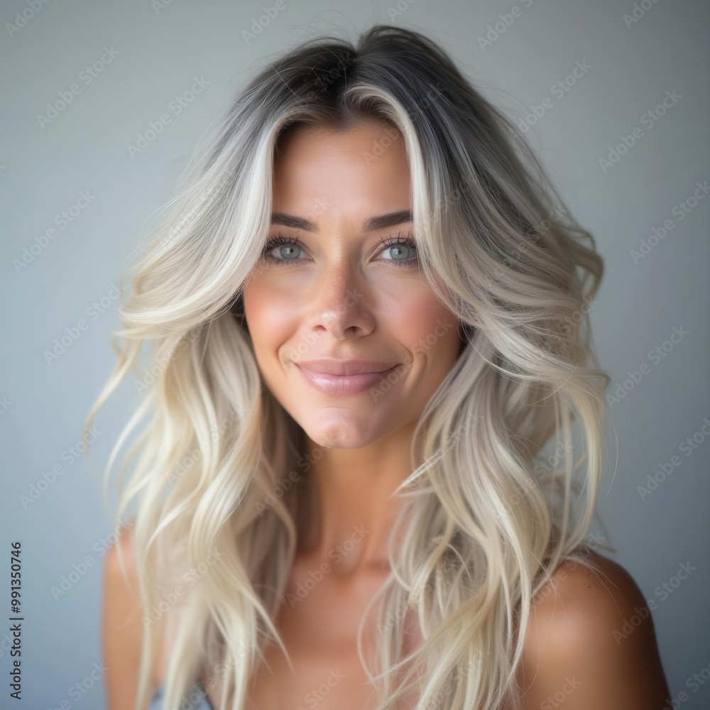 A stylish blonde woman with tousled, wavy hair beams a warm smile while posed against a plain neutral backdrop, exuding elegance and charm effortlessly. A stylish blonde woman with tousled, wavy hair beams a warm smile while posed against a plain neutral backdrop, exuding elegance and charm effortlessly.