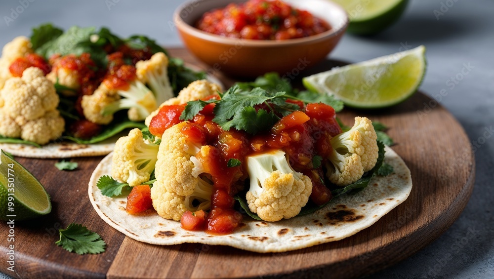 Vegan cauliflower tacos with spicy salsa closeup Vegan cauliflower tacos with spicy salsa closeup