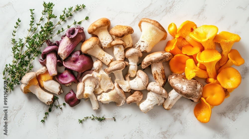 A colorful spread of mushrooms including shiitake, oyster, and portobello, arranged on a light marble surface with fresh thyme. A colorful spread of mushrooms including shiitake, oyster, and portobello, arranged on a light marble surface with fresh thyme.