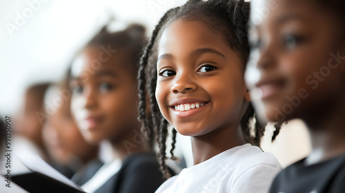 Black children receiving awards at a school ceremony, with proud and joyful expressions photo