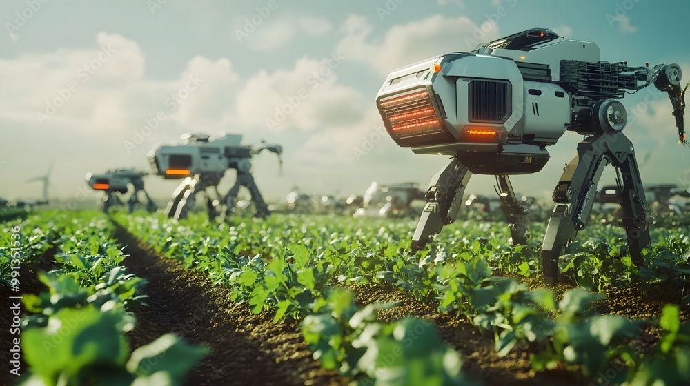 AI-powered robots harvesting crops in a futuristic agricultural field