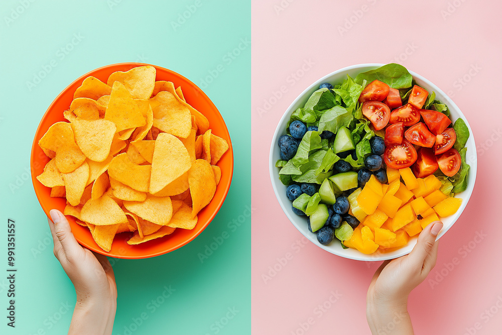 Two bowls with chips and with salad. Ai generation Two bowls with chips and with salad. Ai generation