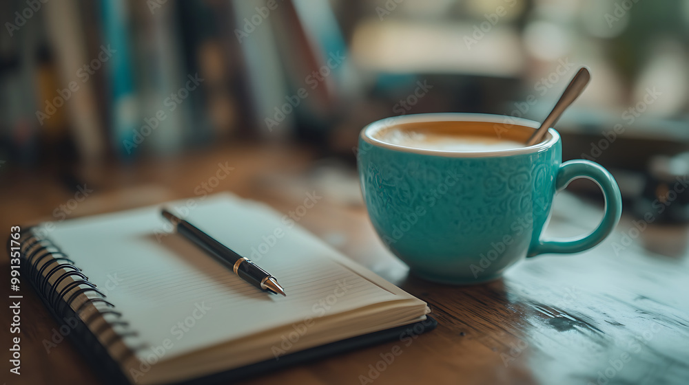 Coffee cup on a desk with a notebook and pen, creating a focused and productive atmosphere Coffee cup on a desk with a notebook and pen, creating a focused and productive atmosphere