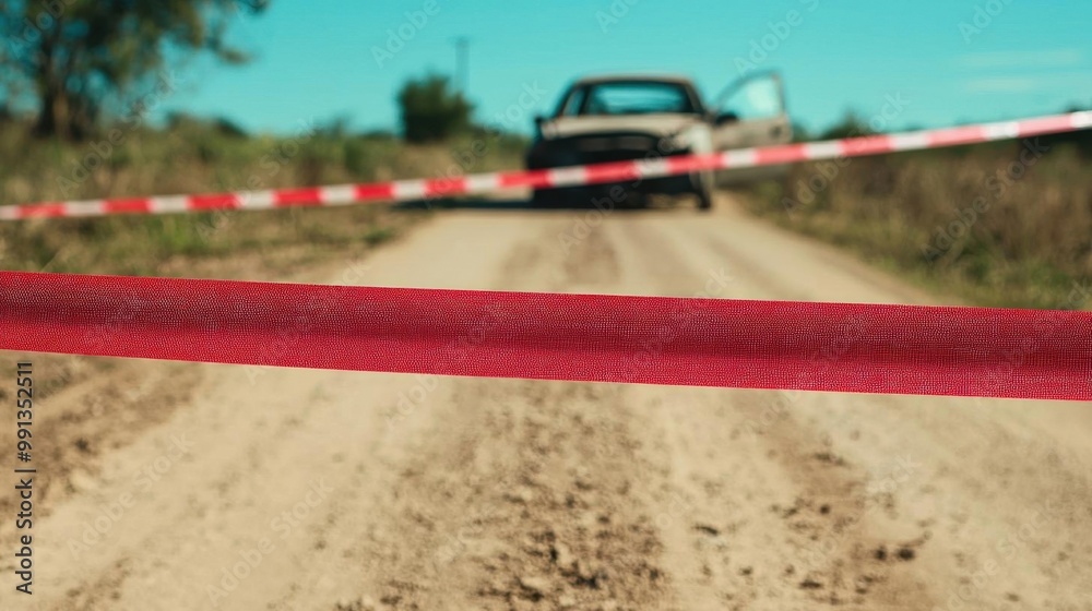 A deserted dirt road with a blocked vehicle in the background, illustrating an unattended crime scene. A deserted dirt road with a blocked vehicle in the background, illustrating an unattended crime scene.