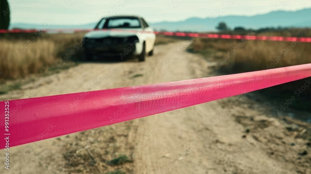 A deserted road scene with a crime scene tape and an abandoned car, evoking mystery and intrigue in a quiet landscape. A deserted road scene with a crime scene tape and an abandoned car, evoking mystery and intrigue in a quiet landscape.