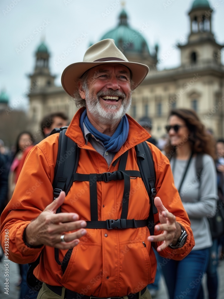 An enthusiastic man in an orange jacket and wide-brimmed hat passionately leads a tour group at a historic landmark, sharing engaging stories and smiles. An enthusiastic man in an orange jacket and wide-brimmed hat passionately leads a tour group at a historic landmark, sharing engaging stories and smiles.