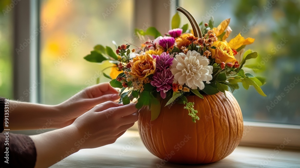 Florist arranging flowers in a pumpkin for autumn decor, fall floral arrangement