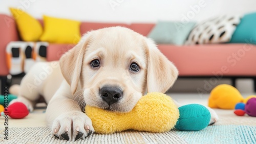 Puppy playfully chewing on a squeaky toy in a colorful living room, with toys scattered around   playful puppy, indoor fun photo