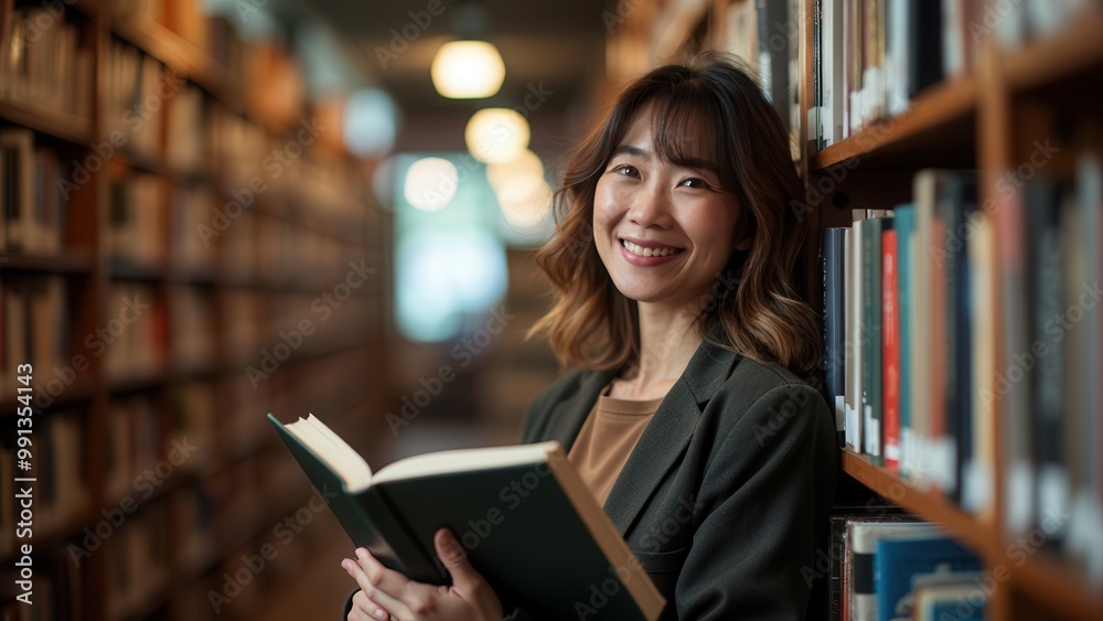 A smiling librarian, holding an open book, stands confidently in a library aisle filled with a diverse collection of books, representing a hub of knowledge. A smiling librarian, holding an open book, stands confidently in a library aisle filled with a diverse collection of books, representing a hub of knowledge.
